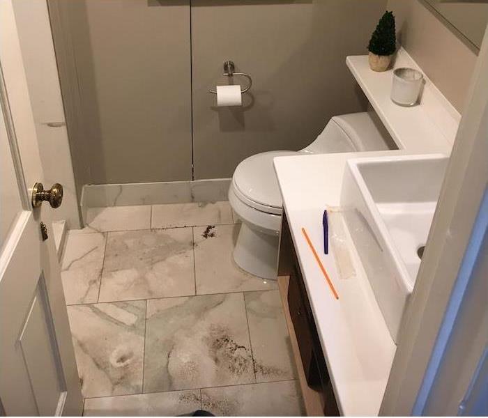 small white-marbled bathroom floor showing some blockage debris