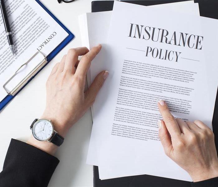 Paper insurance policy on portfolio with hands, watch, pen and glasses visible