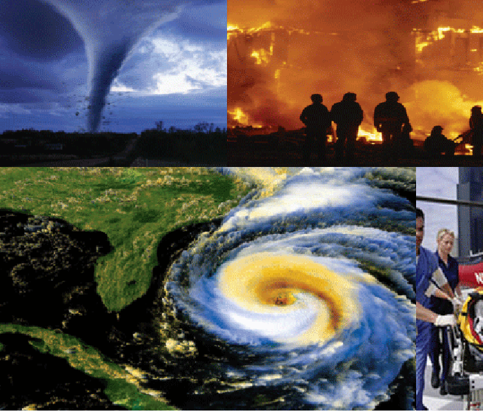 Photo collage: Tornado in upper left hand corner, fire in upper right hand corner, hurricane in bottom picture