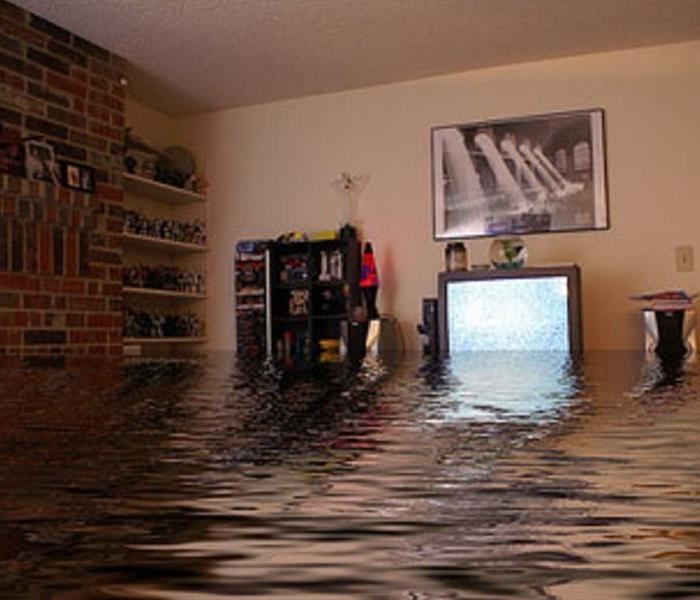 Living room with water flooding into it as high as a tv and bookshelf